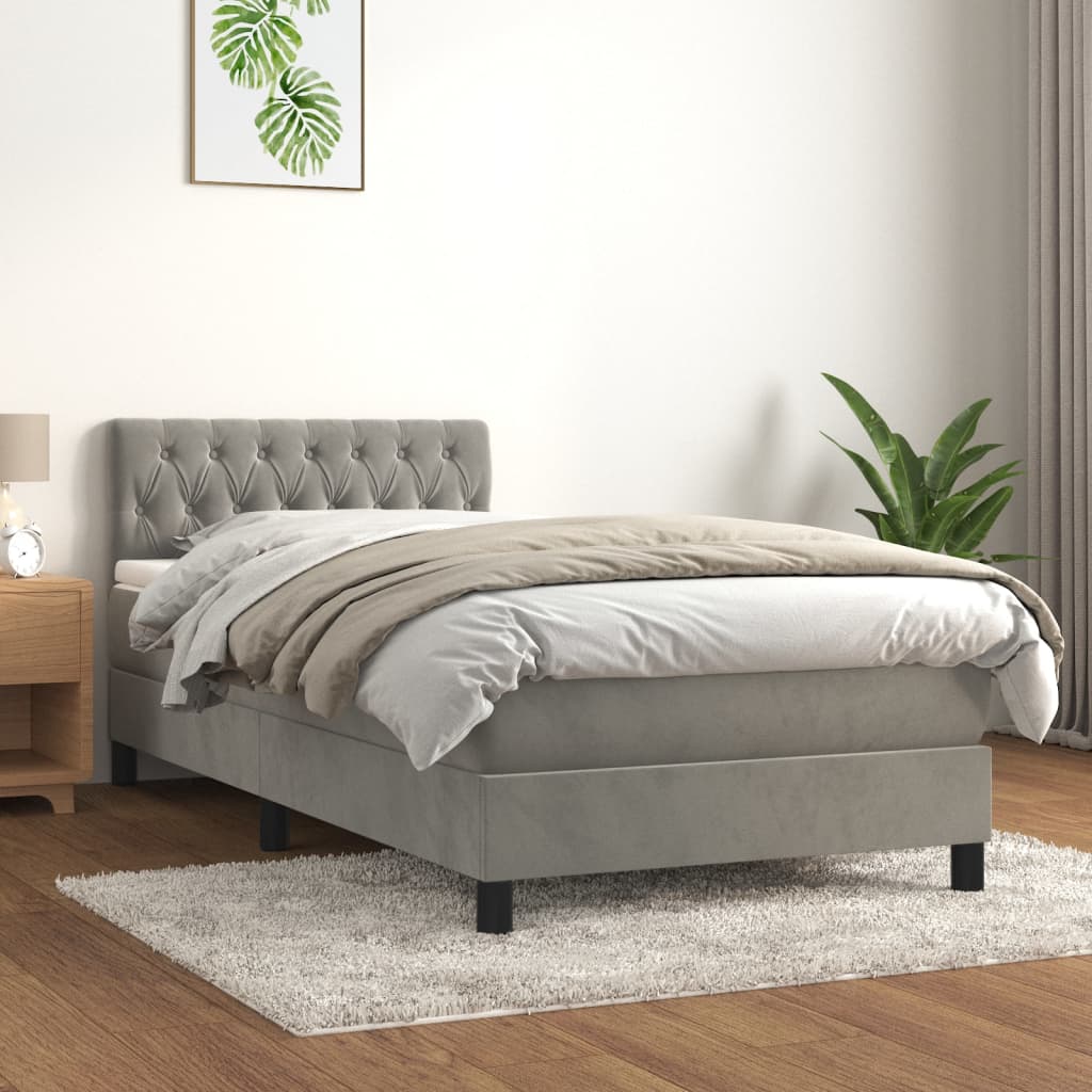 Box Spring Bed with Mattress Light Grey 90 x 190 cm Velvet