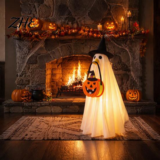 Light Up Halloween Outfit Glowing Ghost Costume with Witch Hat & Pumpkin Tote Bag, LED Theme Party Fabric for Kids, Spooky Cosplay And Yard Decoration