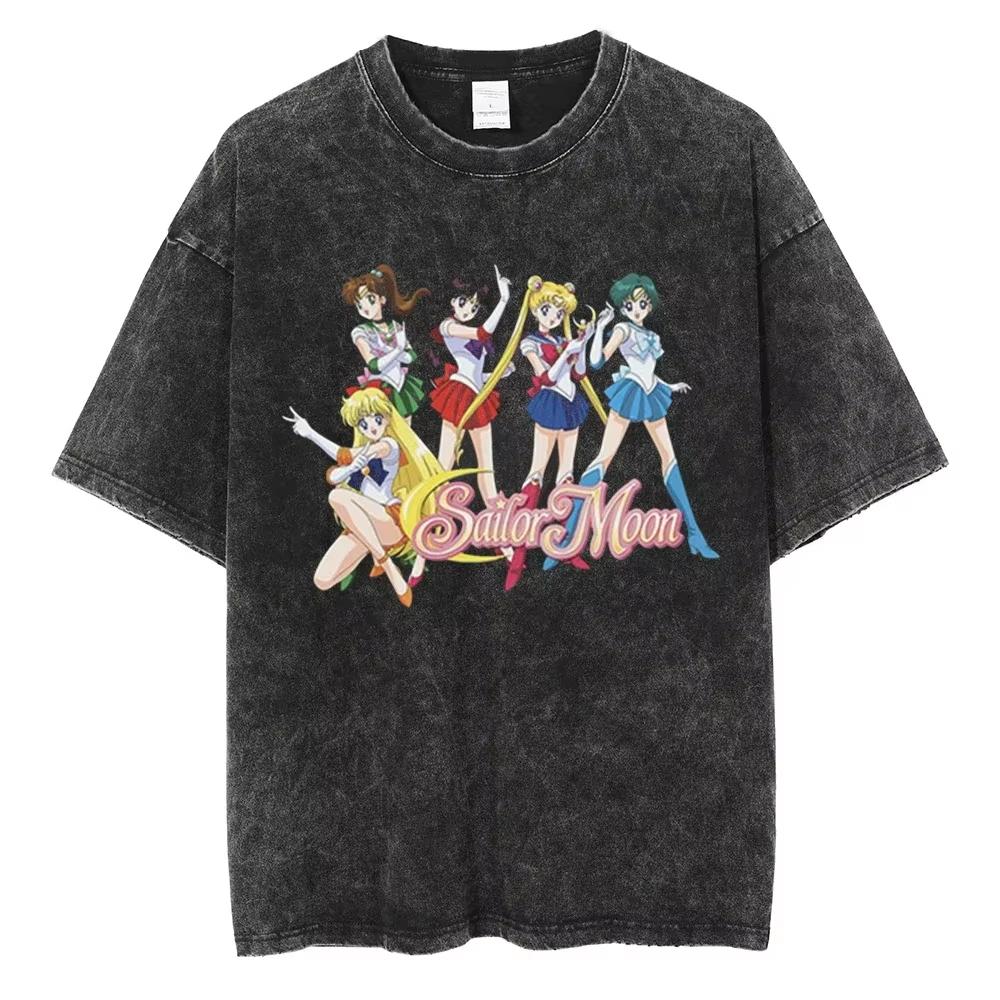 2026 Summer Y2k Retro Washed Sailor Moon Cosplay Cotton Tshirt Mens Super Casual Cotton Short Sleeve Unisex Street Shirt