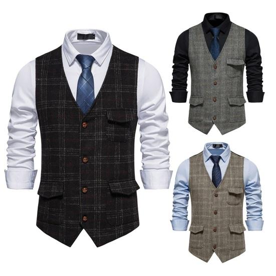Ретро мужской деловой жилет без рукавов с карманами, однобортный приталенный жилет, пальто в клетку с принтом, рабочий жилет