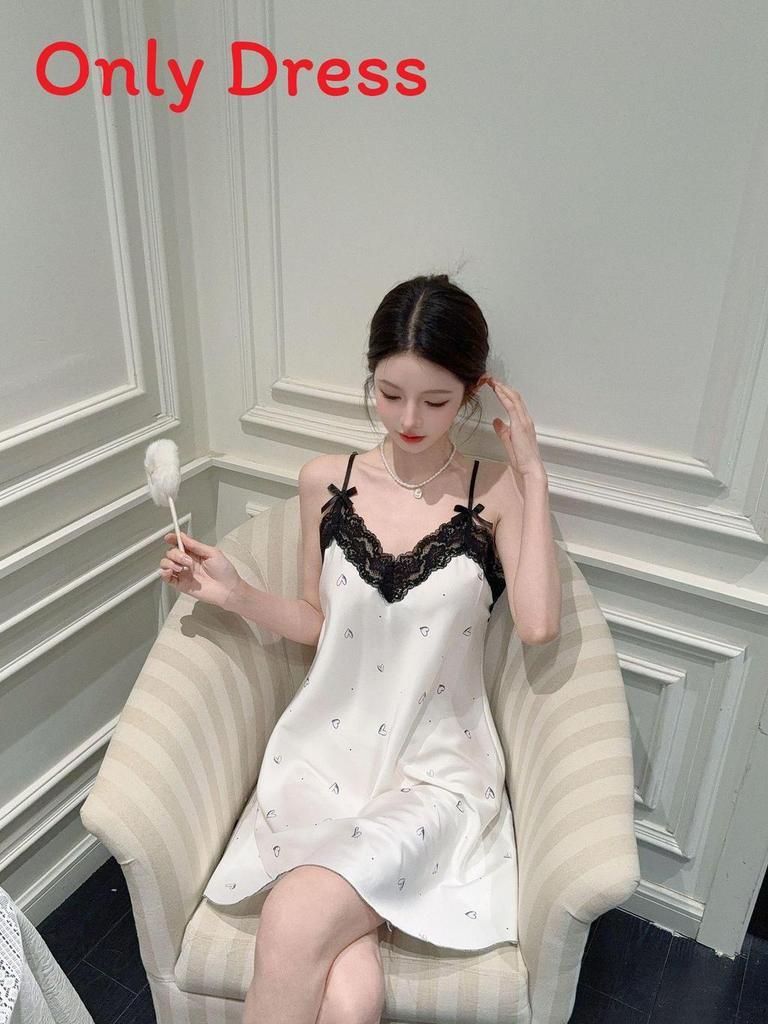 Ice Silk Summer Sleep Dress With Vneck And Floral Lace For Youth Women