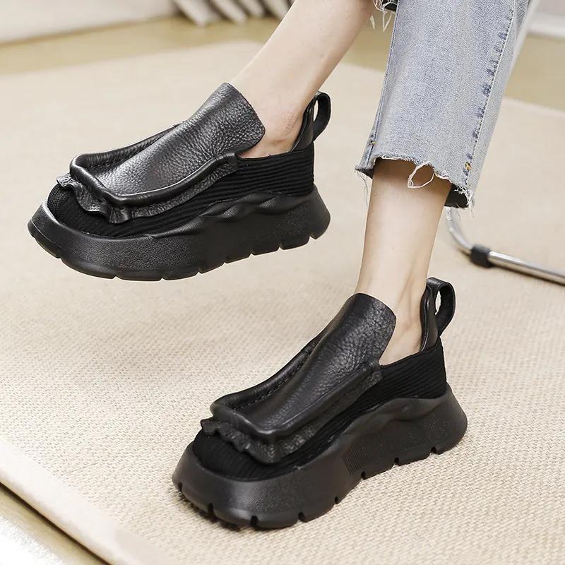 Fujin 4,5 см эргономичные женские лоферы на мягкой резиновой подошве на плоской подошве для отдыха, удобные вязаные осенние туфли из эластичной ткани из натуральной кожи