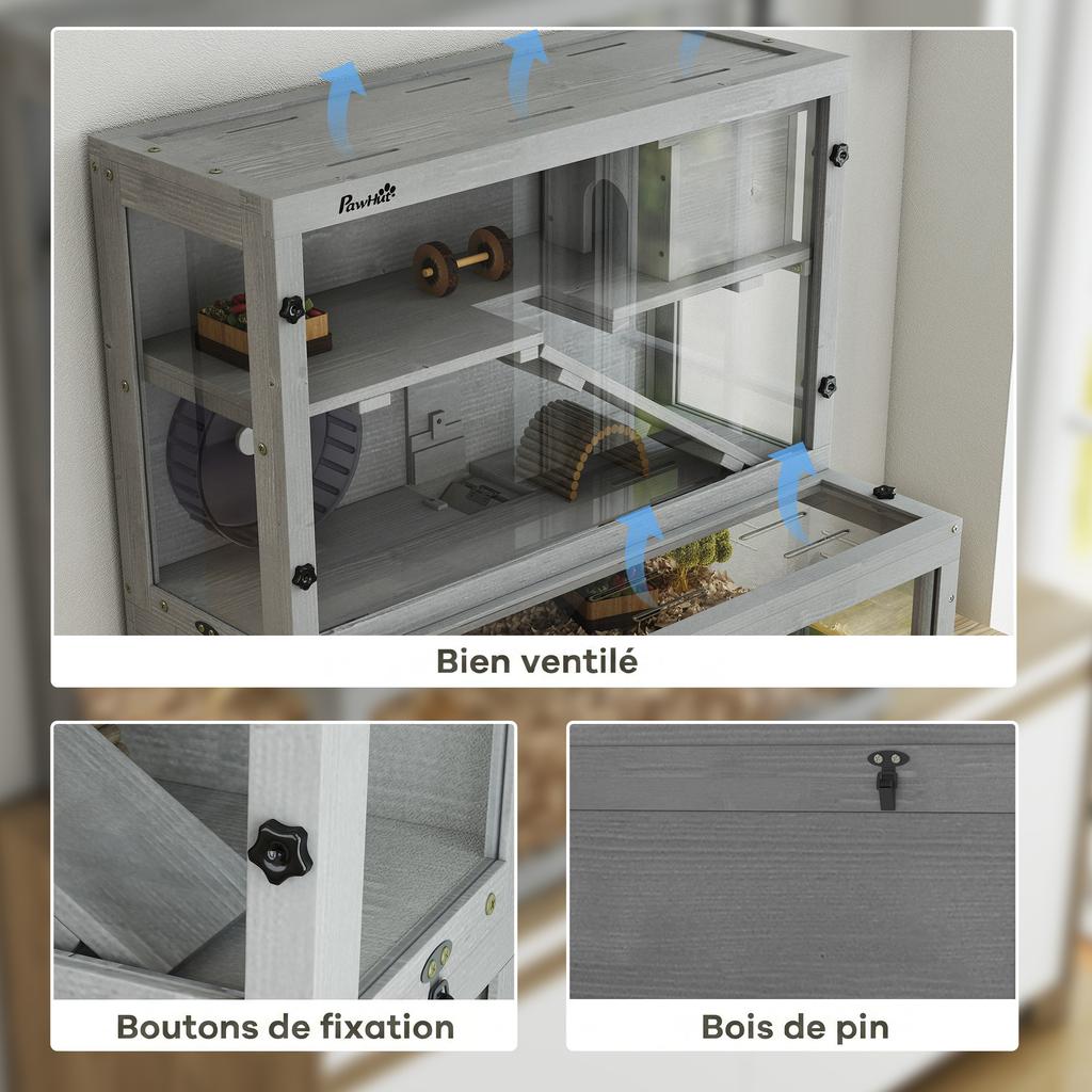 Wooden Hamster Cage, 3 Levels with Hideaway, Wheel, Ramps, Transparent Panel, Separate Compartments, 80x50x84cm, Grey