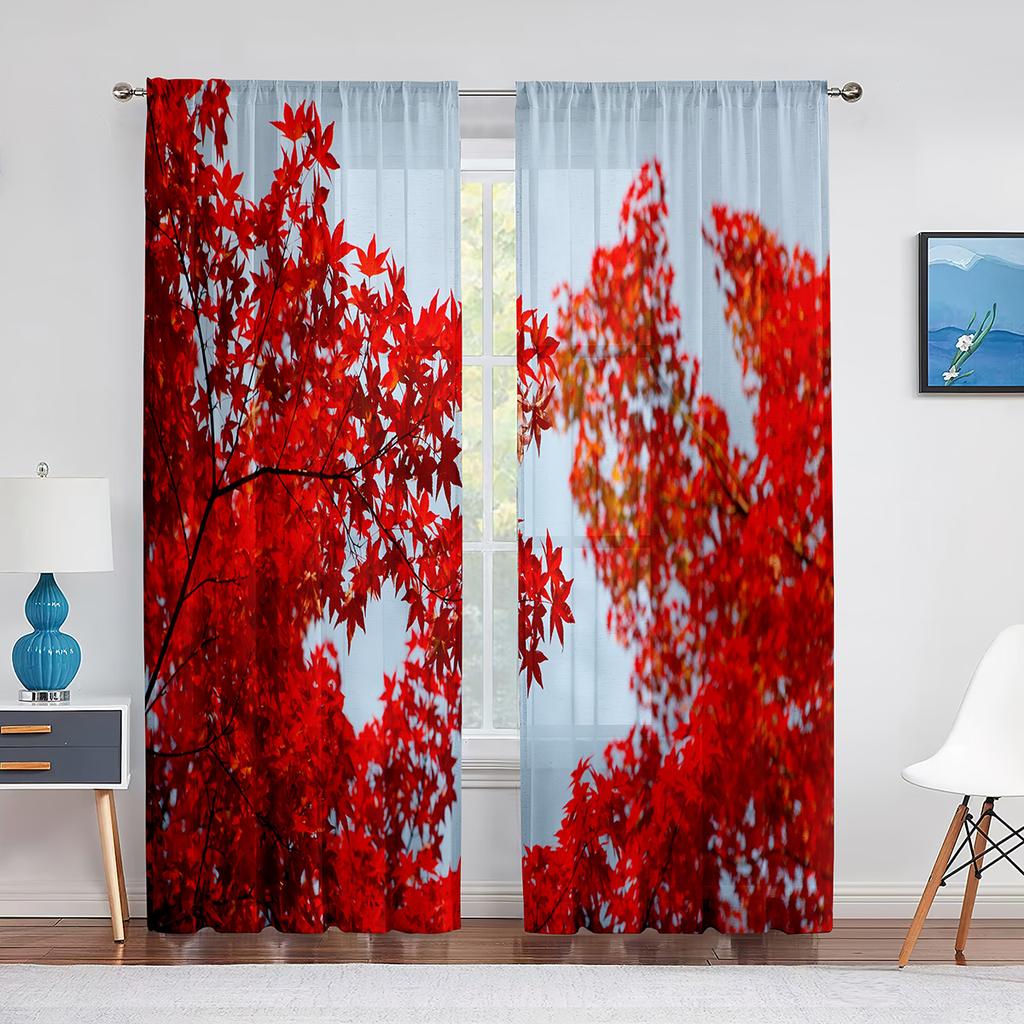 Fall Forest Tulle Curtains for Living Room Bedroom Decoration Autumn Trees Woodland Sunshine Nature Scenery Sheer Voile Curtain