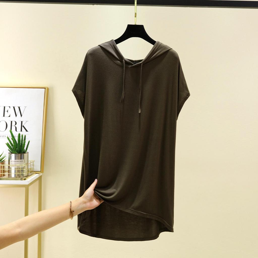 Женская футболка с капюшоном из модала с коротким рукавом для защиты от солнца - Весна/Лето, Большой размер, Слим-фит, Повседневный свободный крой