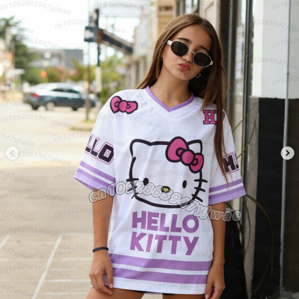 26 Женская футболка для девочек с принтом Hello Kitty Женская футбольная майка Модная спортивная одежда Оверсайз Спортивная одежда для тренировок детская футболка