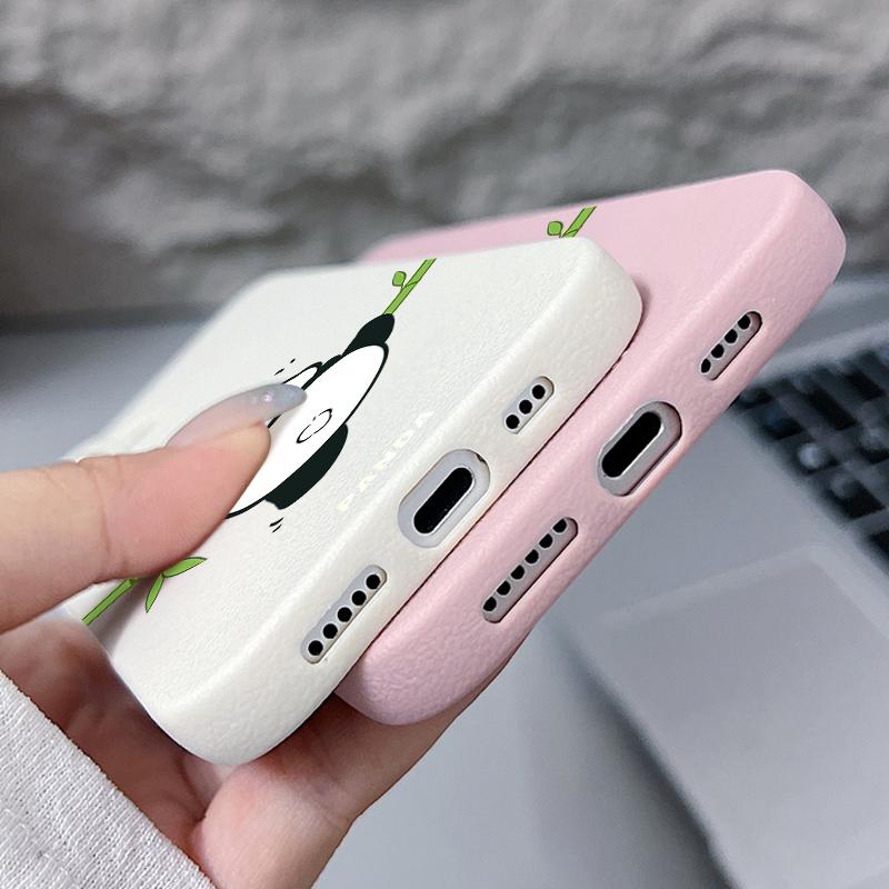 Чехол с текстурой кожи и мультяшной пандой для iPhone 16 15 14 Pro Max 13 12 Pro Max 11, противоударный, матовый, мягкий ТПУ, силиконовый чехол для телефона