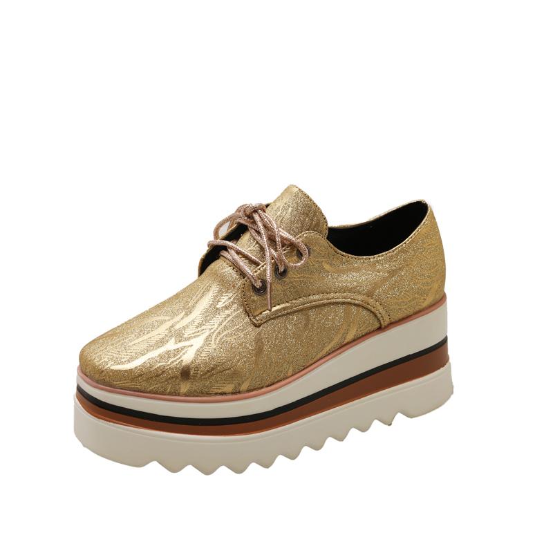 Мода Мода Платформа Одинарная Обувь Осень Новые Круглый Носок Шнуровка Спереди Блестки Противоскользящий Каблук Низкий Верх Женская Обувь