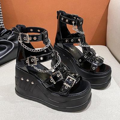 Модные 10 см танкетки Высокие каблуки Женские сандалии Увеличивающие рост Туфли с открытым носком Летние Готические Сандалии на платформе с пряжкой Женские Крутые ботинки