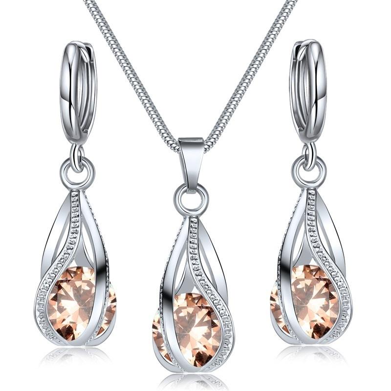 Crystal Water Drop Pendent Necklace Earrings Jewelry Set for Women Bridal Wedding Halloween Gift ARI
