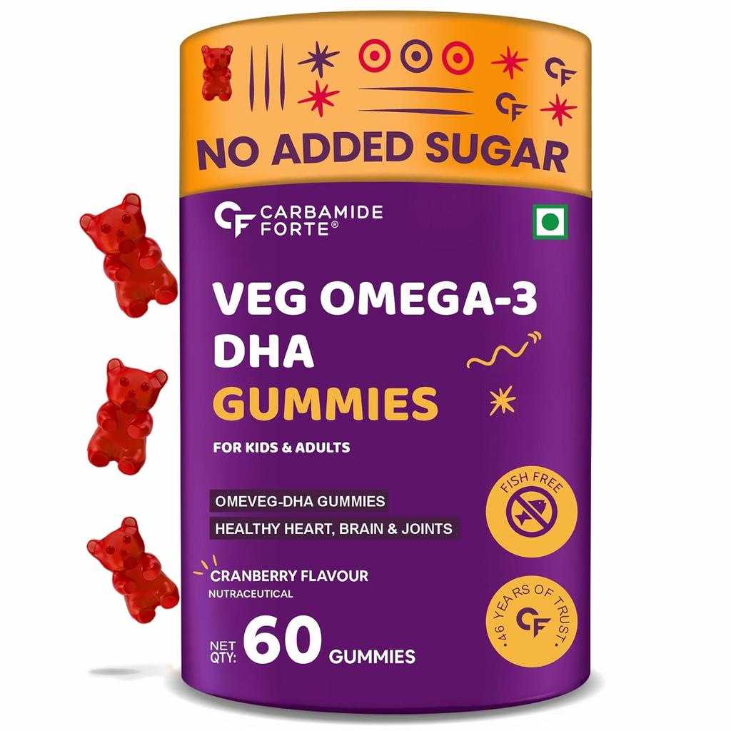 Carbamide Forte Veg Omega3 DHA 250mg Gummies for Men Women Kids - 60 Veg Gummies for Heart Brain Joints