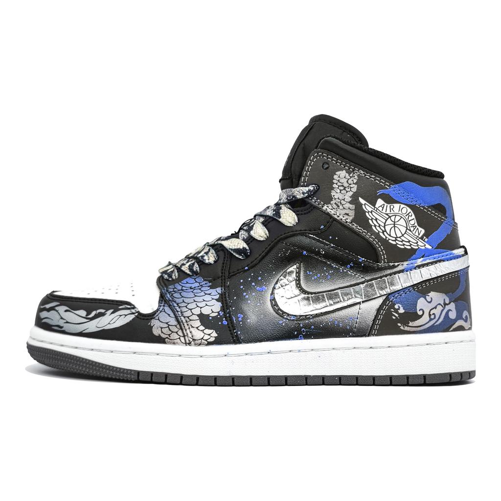 Jordan Air Jordan 1 Устойчивые к истиранию Устойчивые к истиранию Средние винтажные баскетбольные кроссовки Унисекс Серебряная змея Синий DQ8426-001(Команда400-)
