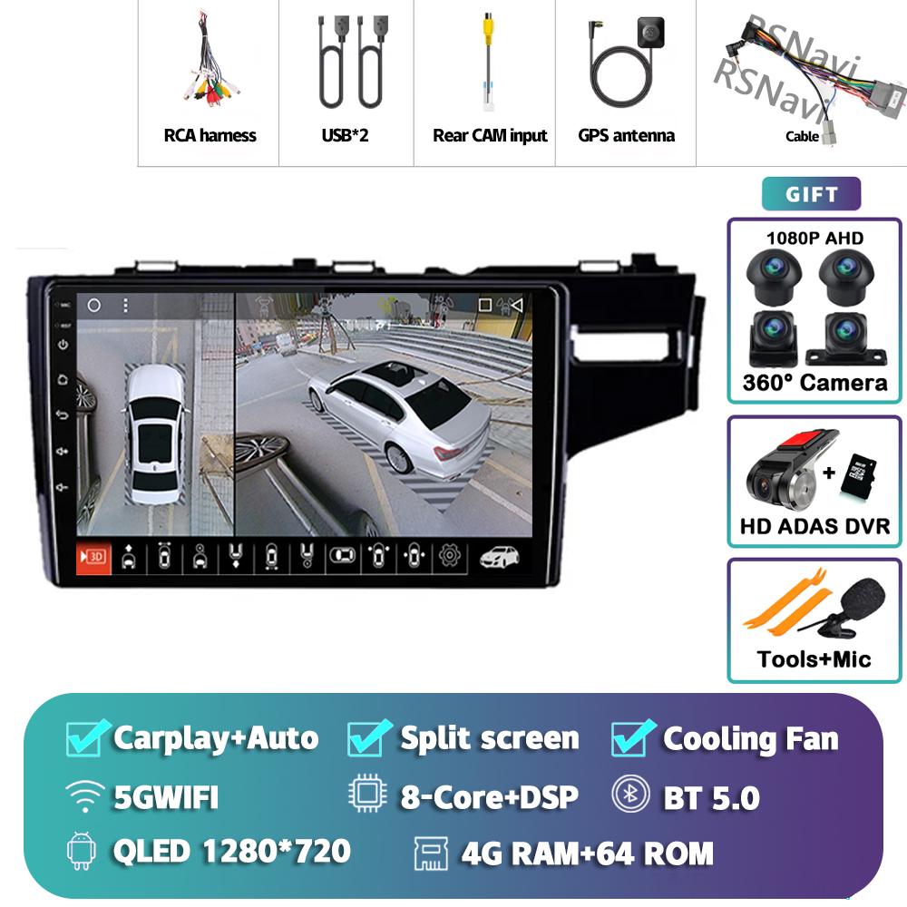 Android 14 Carplay Auto для Honda Jazz Fit 2014 - 2015 Автомобильный радиоплеер Мультимедиа стерео 360 Камера Навигация Видео AI Voice