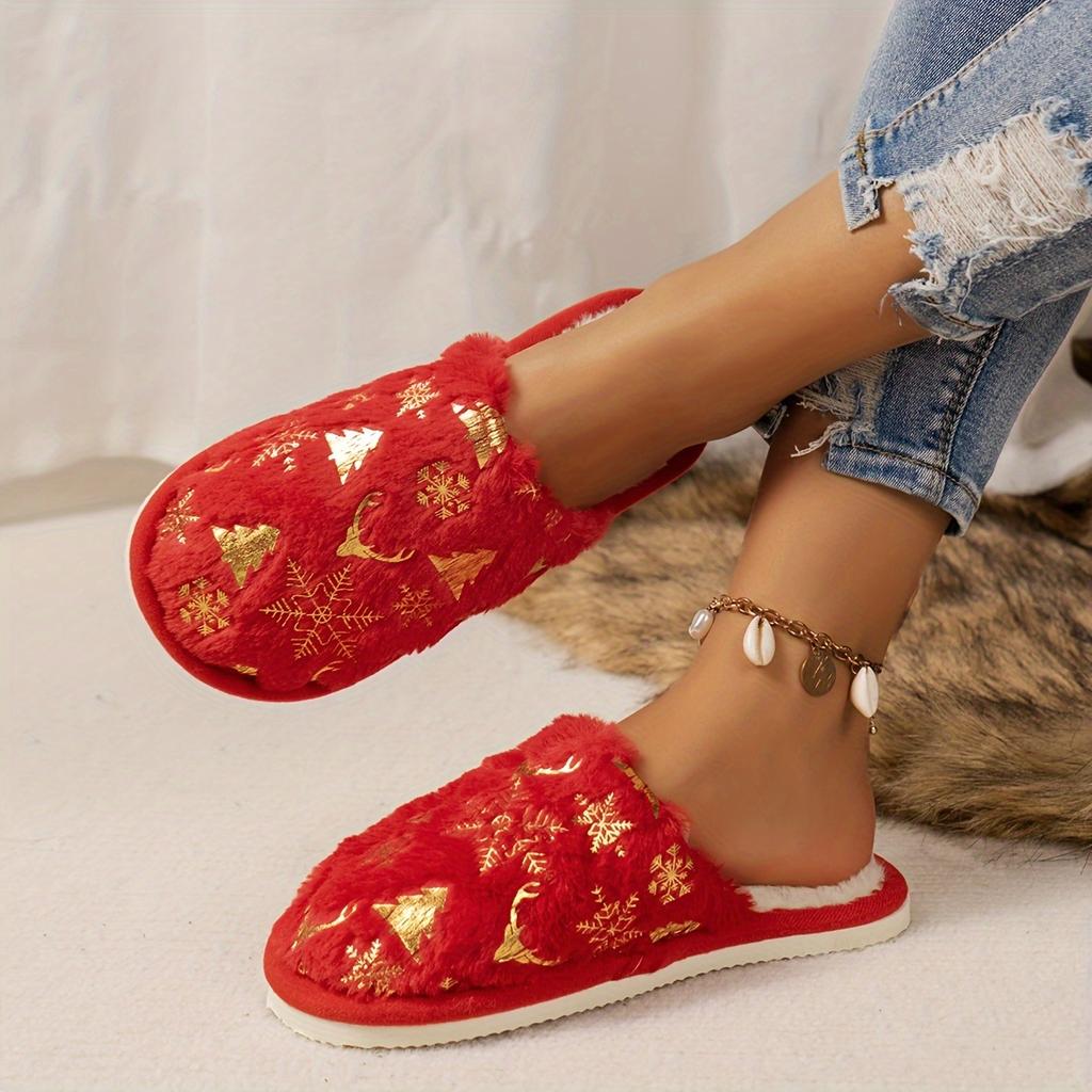 Christmas Pattern Plush Winter Slippers, Cozy & Warm Slip On Fuzzy Flat Shoes, Closed Toe Indoor Floor Slippers