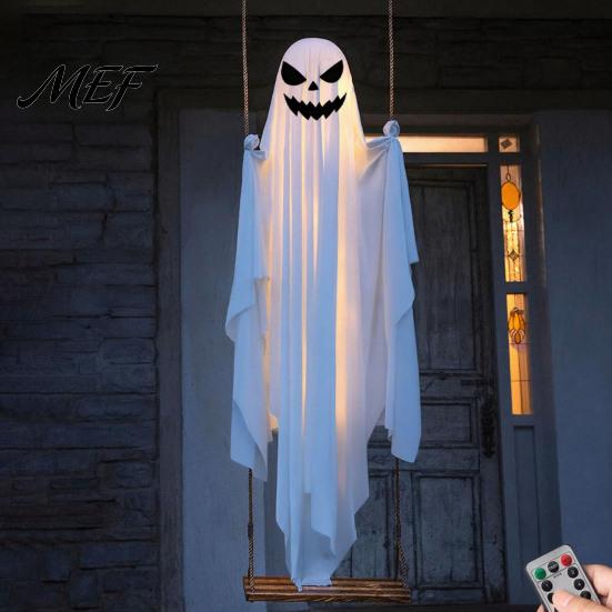 Hanging Wizard Hat Ghost for Porch Halloween Light Up Decoration, Spooky Large on A Outdoor Spirits with Warm Lights Swing Witch Front Yard Tree