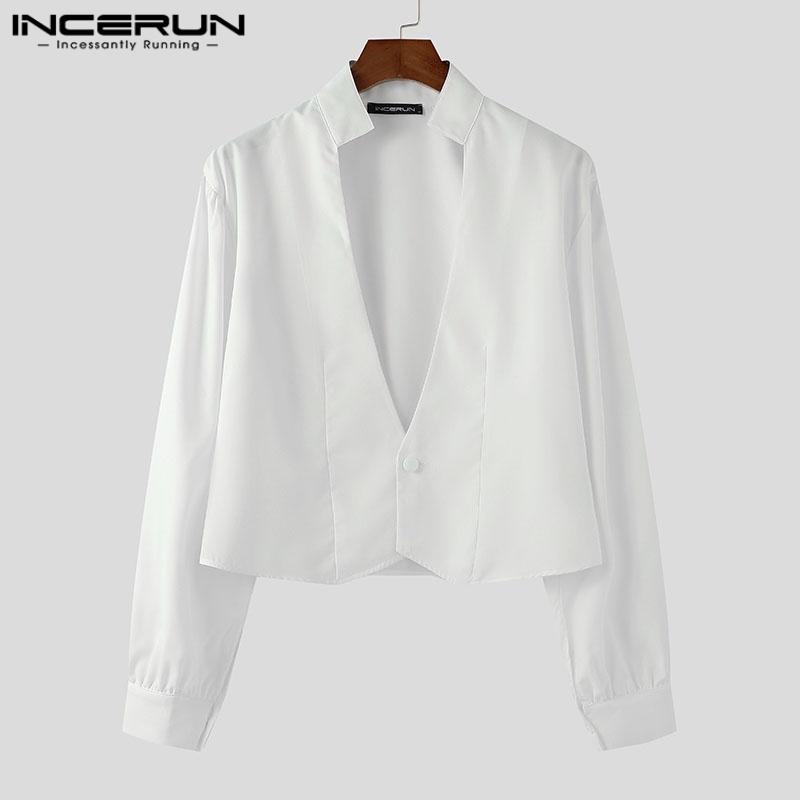 INCERUN Мужские повседневные короткие рубашки с глубоким V-образным вырезом и длинным рукавом и тонкой талией