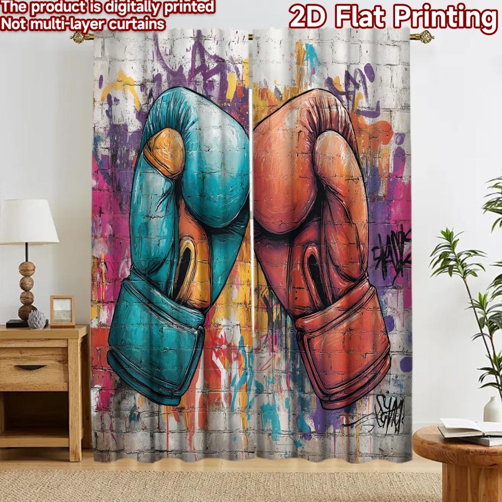 2D flat printing 2pcs Curtain Curtains Colorful Boxing Gloves Digital Printed Polyester Drapes Birthday Party Perfect for