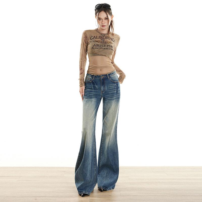 American retro micro-pull jeans women's autumn and winter new low-rise elastic wide-leg thin-looking flared pants without sticking to the legs