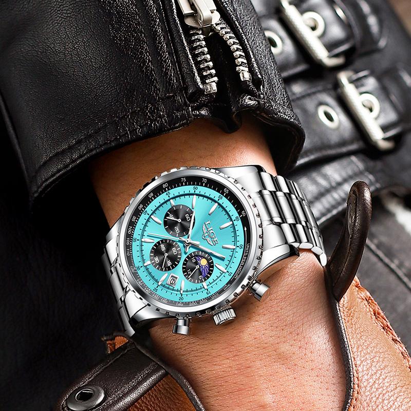LIGE Business Men's Watch Chronograph Quartz Wristwatch Fashion Moon Phase Calendar Clock Waterproof Luminous Male Watch