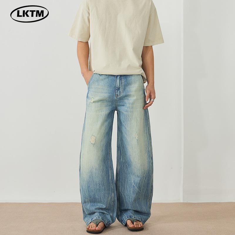 Мужские джинсы из потертого стираного денима Широкие свободные брюки Streetwear
