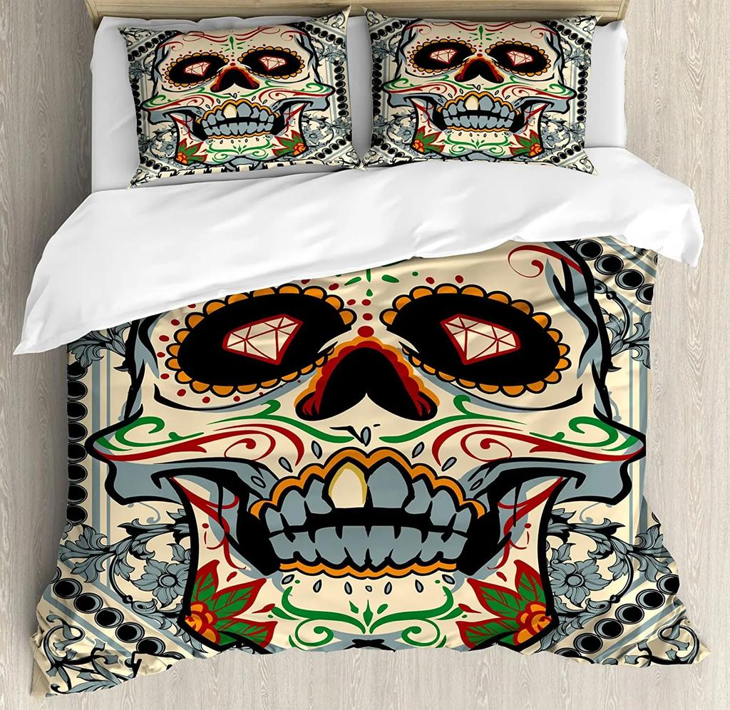 Sugar Skull Bedding Comforter Cover Set Gothic Duvet Cover Twin/Full/Queen/King Set 3 Pieces Soft Microfiber Duvet Cover
