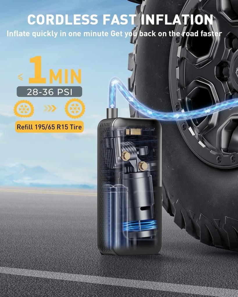Tire Inflator Portable Air Compressor Faster Inflation 150PSI & 20000mAh Cordless Portable Air Pump, Accurate Pressure LCD Display & Emergency Light
