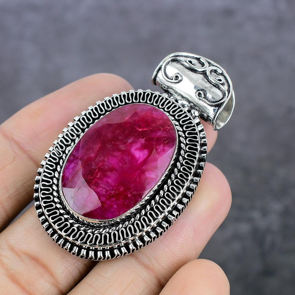 Подвеска из стерлингового серебра 925 пробы с натуральным рубином и натуральным драгоценным камнем 2,21 дюйма C6v93