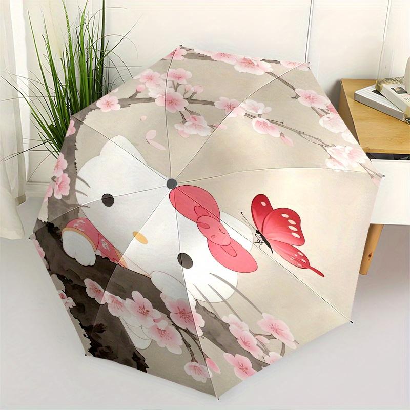 Cherry Blossom Hello Kitty Automatic Folding Umbrella Simple 8 Rib Design, Bright Cartoon Pattern, Durable Iron Frame, Suitable For Travel,