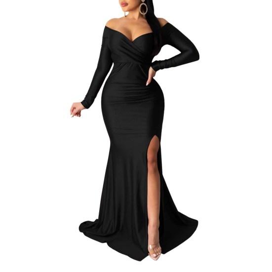 Женское вечернее платье с V-образным вырезом, открытыми плечами, боковыми разрезами, длиной до пола, длинными рукавами, плиссированное, облегающее