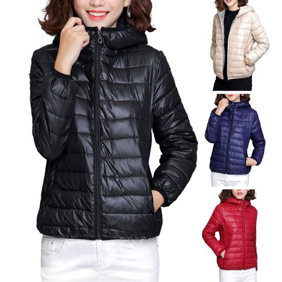 Women Fall Winter Coat Padded Hooded Thick Long Sleeve Warm Solid Color Smooth Slim Fit Zipper Closure Pockets Cardigan Lady Cotton Coat Jacket