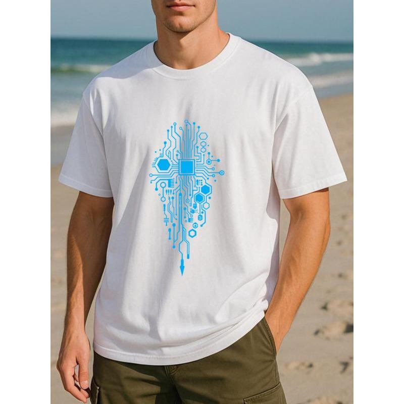 Европейские размеры Синяя Технология Схема Электрическая Мужская Футболка с Принтом, Средняя Эластичность и Модный Стиль