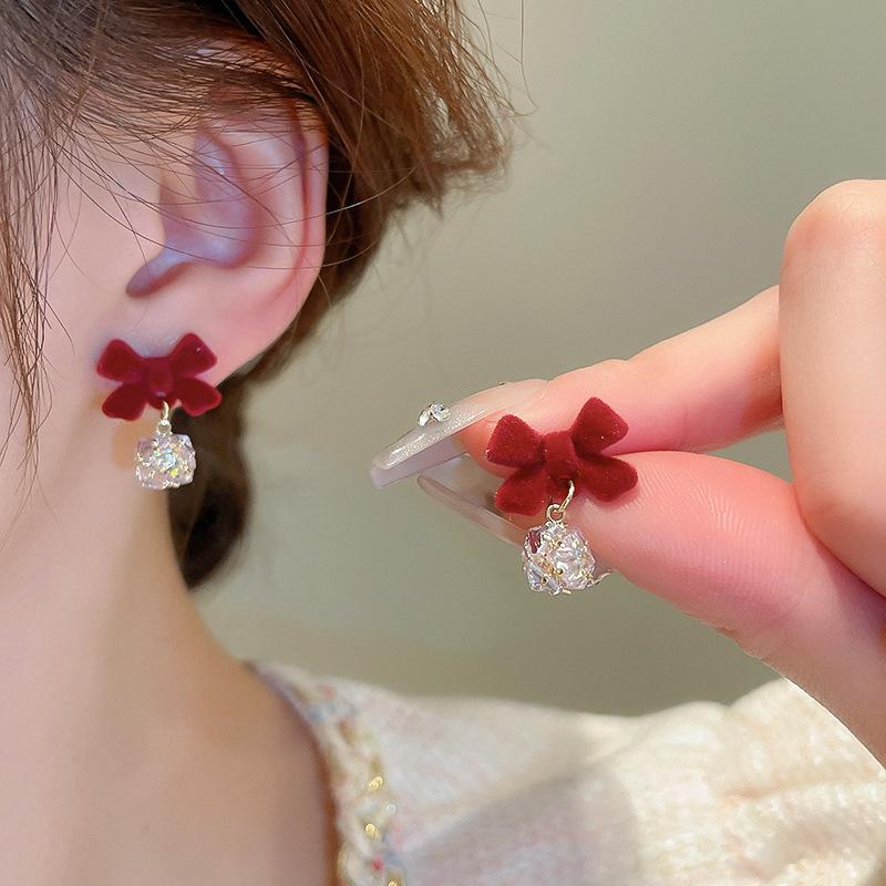 Vintage Red Flocking Earrings Collection Bow Knot Earstuds Vintage Style Earrings Jewelry Gift