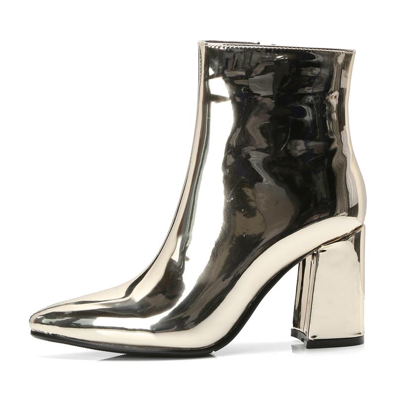 2019 New Sliver Gold Women Ankle Boots Pointed Toe Chunky High Heel Boots Mirror Metallic Women Pumps Female Sexy Stiletto Boots