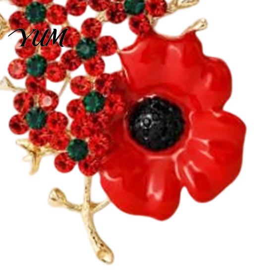 Memorial Lapel Pin Never Forgotten Victory Blossom Brooch, Red Flower Alloy Floral Brooch with Rhinestone, Badge Jewelry for Veterans Women