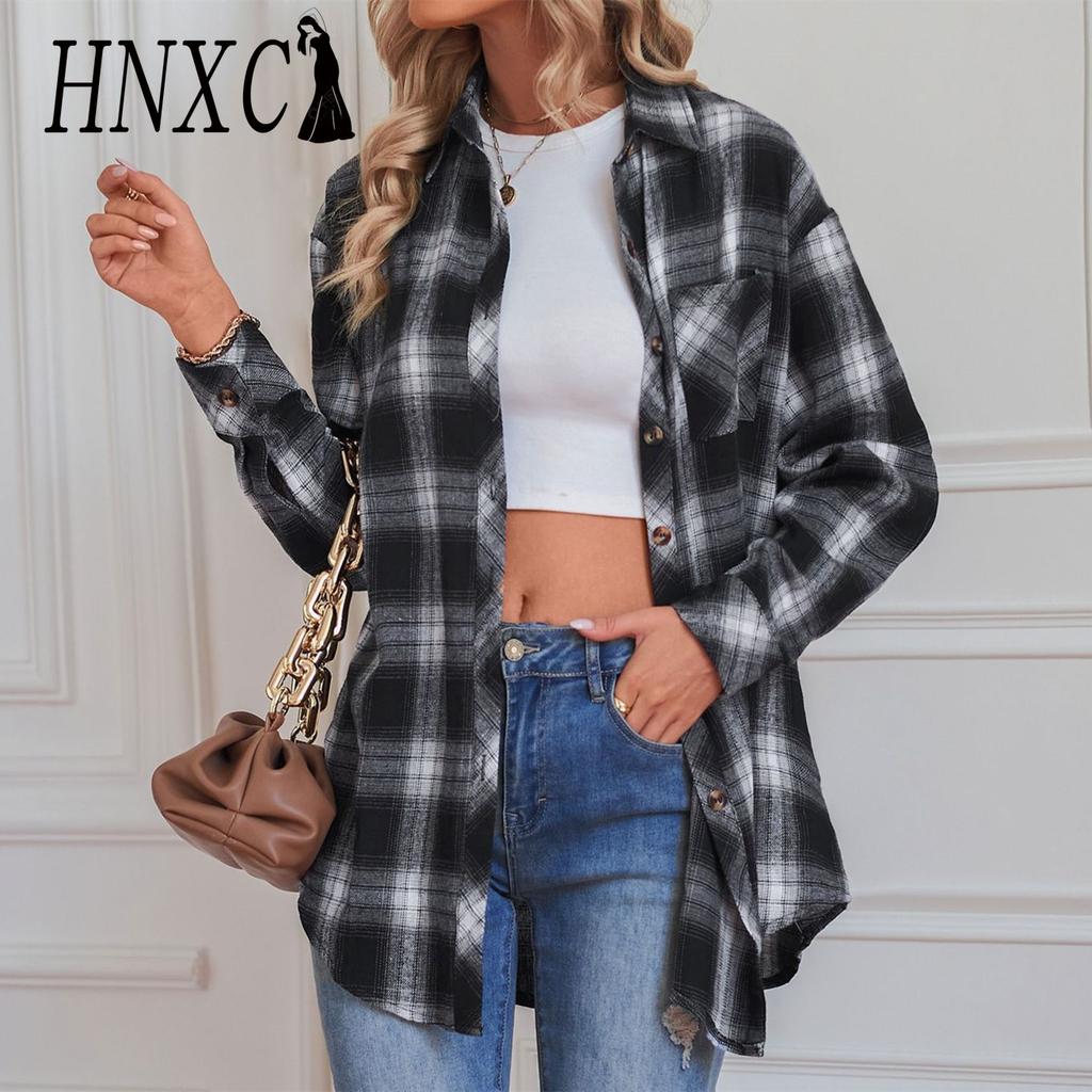 HNXC Женская мода, повседневные летние клетчатые блузки и рубашки с длинными рукавами и воротником-поло, кардиган