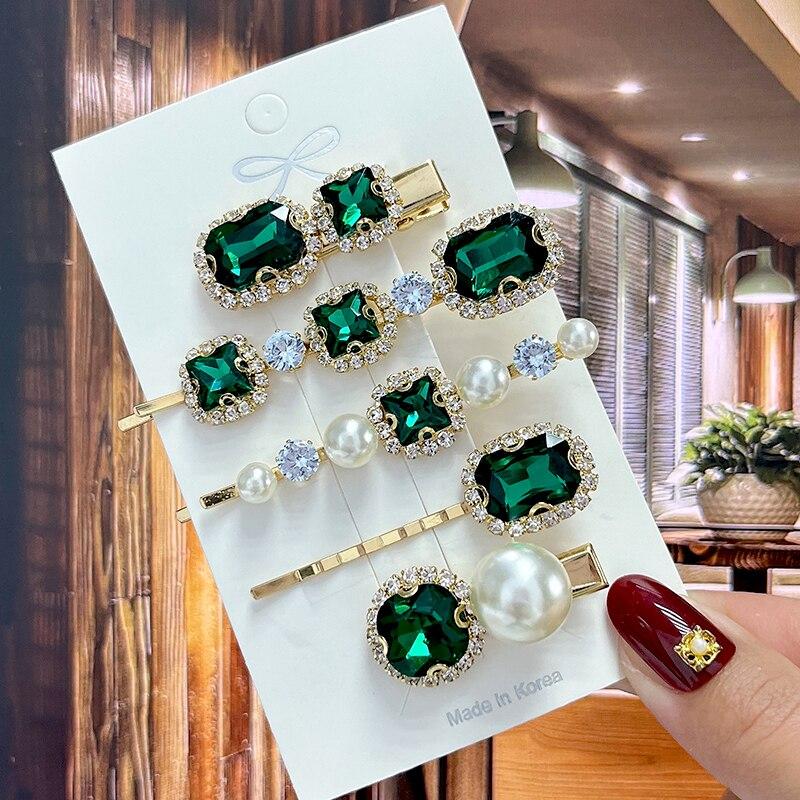 1 Set Fashion Crystal Hair Clips Jewelry For Women Hair Accessories Girls Luxury Pearl Geometric Barrettes Pins Christmas Gift