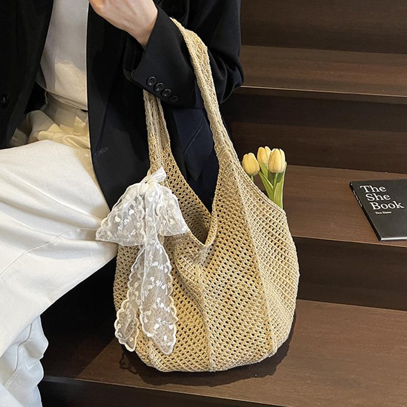 Yogodlns Women Hollow Out Crochet Tote Bag Fashion Knitted Bag Large Capacity Scarf Decor Handbag Female Summer Beach Solid Color Woven Shoulder Bag