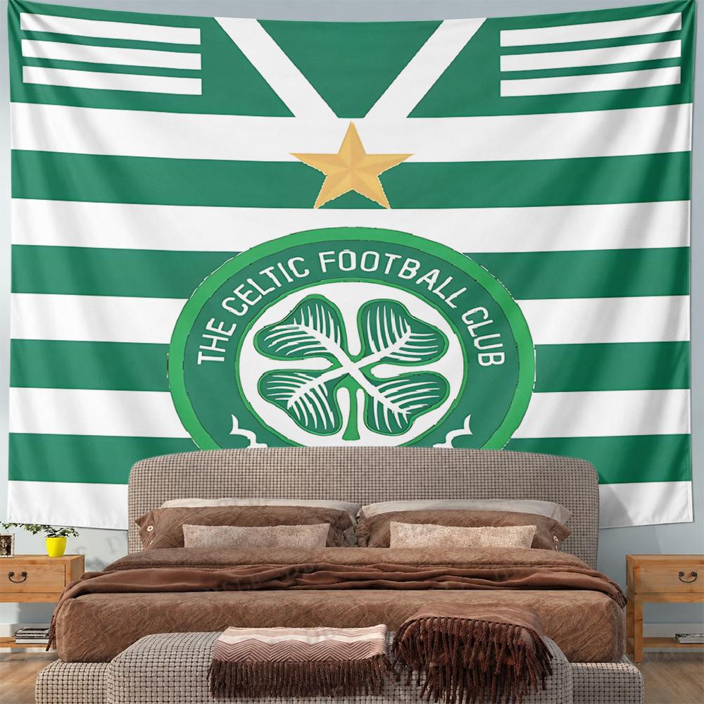 Celtic Football Club Crest Wall Tapestry Green White Hoops Clover Badge 1888 Gold Star Fan Art Decor for Man Cave Gift