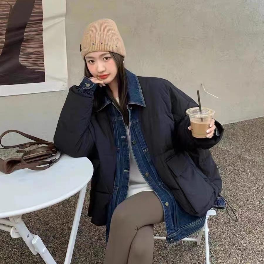 Комфортное зимнее джинсовое пальто с хлопковой подкладкой из двух частей с большими карманами для женщин