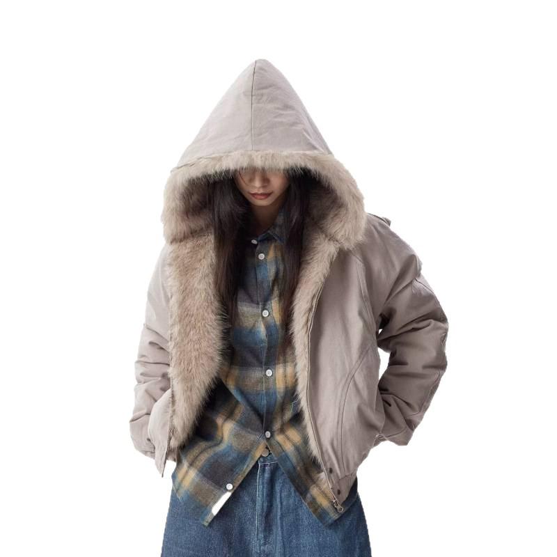 Унисекс Зимняя Утолщенная Ретро Хлопковая Куртка с Капюшоном и Меховым Воротником-Орлом