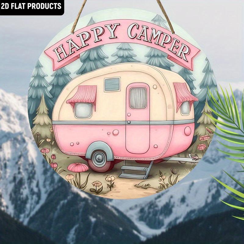 Деревянная табличка 'Happy Camper' Розовый винтажный прицеп, Очаровательная круглая табличка для входной двери, Настенный декор - Идеальный подарок для любителя кемпинга и отдыха на природе