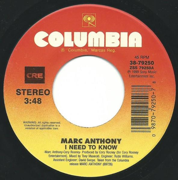 7inch Record MARC ANTHONY - I Need To Know 3879250 Columbia 1999 US Dance & Electronica Used