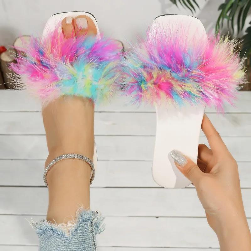 Fashion 2025 Hot Sale Women's Shoes Open Toe Women's Slippers Plus Size Daily Slippers Women Square Toe Feather Flat with Female Sandals