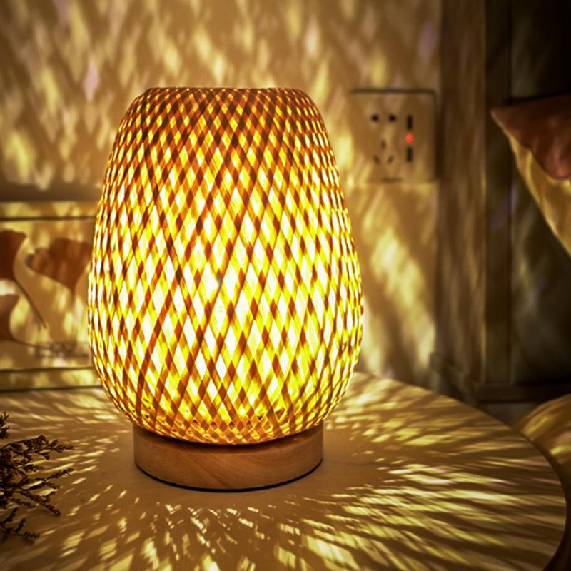 Small Rattan Table Lamp Dimmable Beside Lamp Vintage Wicker Wooden Night Stand Lamp for Bedroom Living Housing Home Room
