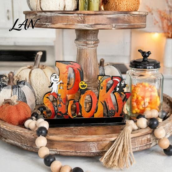 Halloween Wooden Ornaments Tabletop Ornaments, Freestanding Solid Wood Letter Signs, Decorative Table Centerpiece Desktop Accessories with Pumpkin And