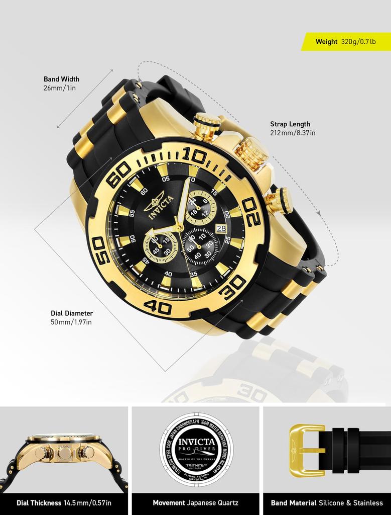 Invicta 22340 Повседневные часы Кварцевые из нержавеющей стали Силиконовые Цвет Черный "Pro Diver" Мужские и [Товар]