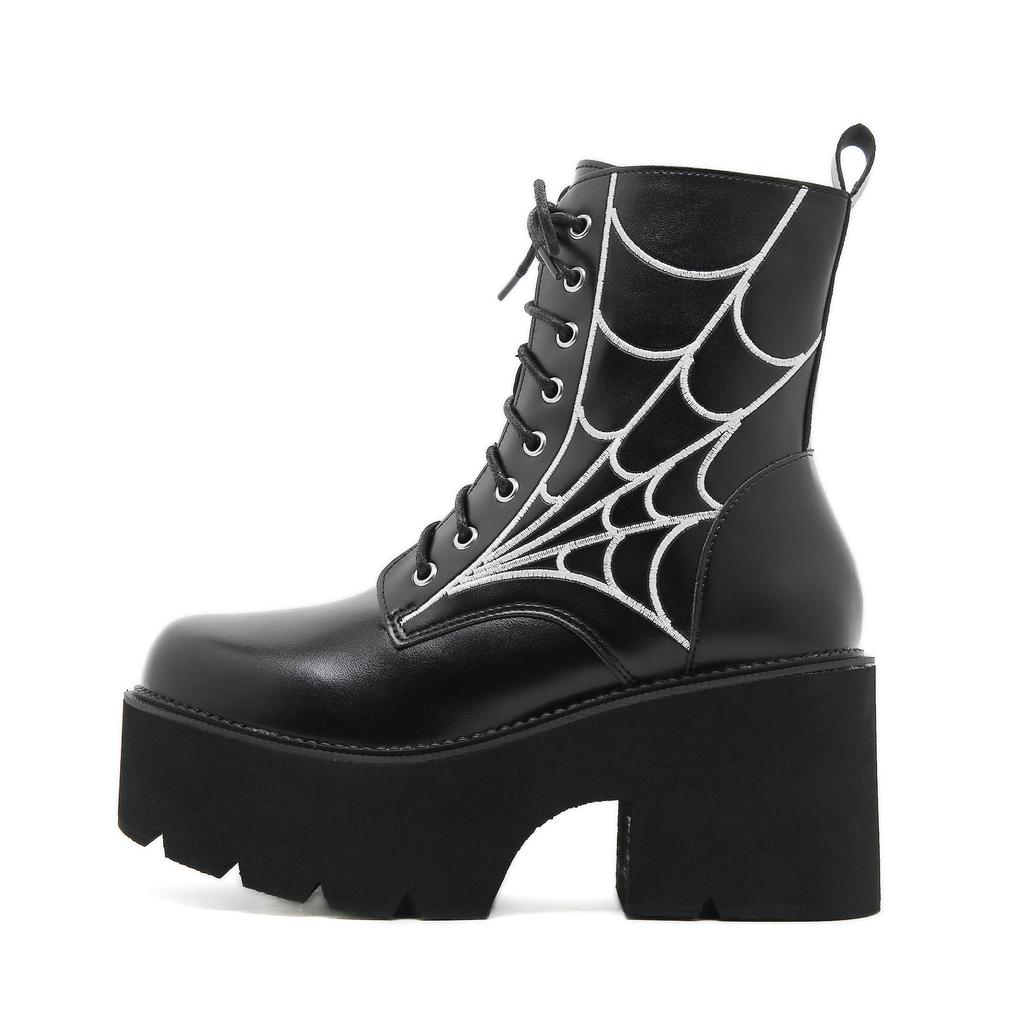 Gdgydh Women Punk Boots PU Leather Embroidered Spider Web Design Shoes Cool Retro Chunky Wedges Platform Boots Lace Up