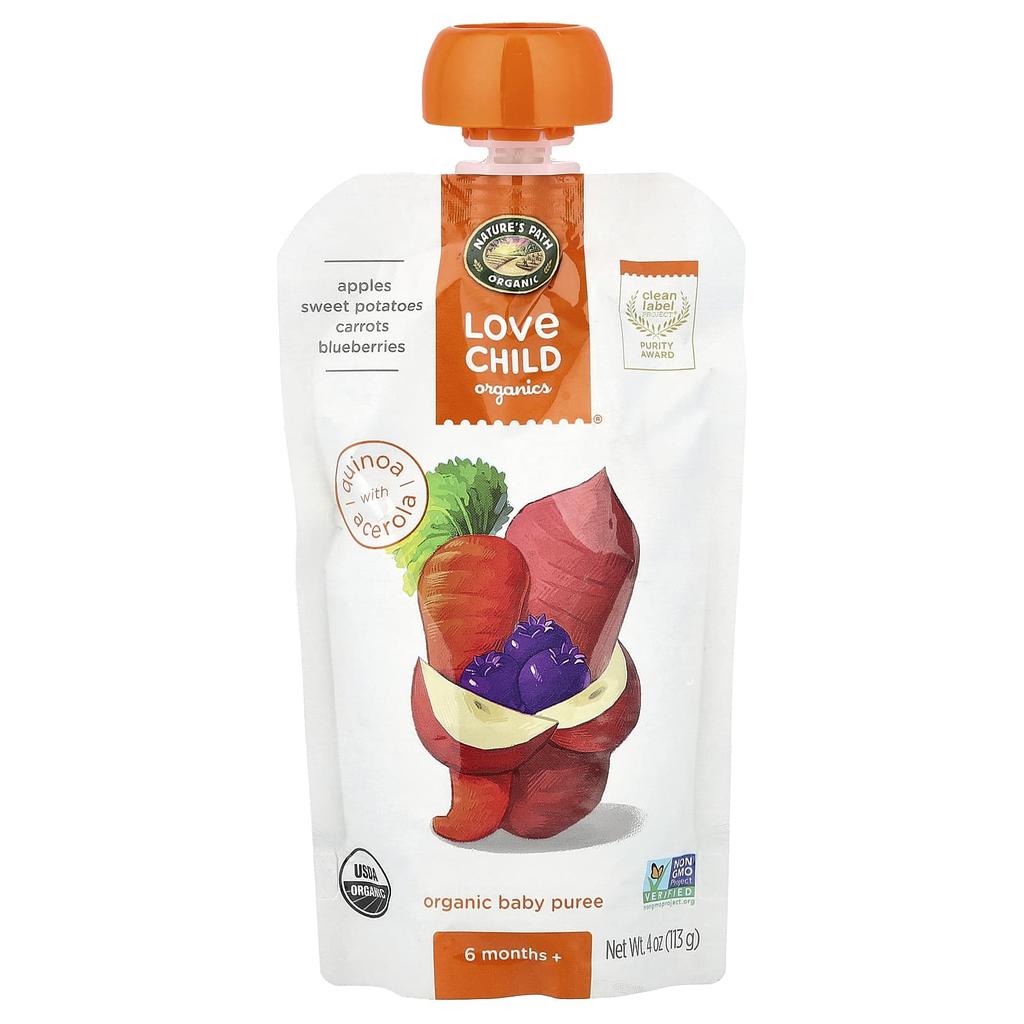 Love Child Organics, Organic Baby Puree, 6+ Months, Apple, Sweet Potato, Carrot, Blueberry, 4 Oz (113 G)
