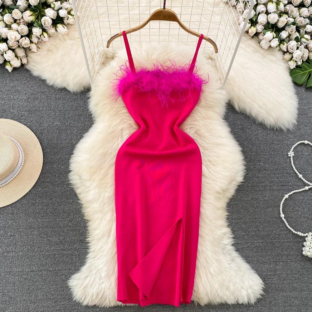 RUGOD Франция сексуальное вязаное клубное платье женское платье без рукавов с разрезом винтажное короткое платье перья монтаж зеленое тонкое платье