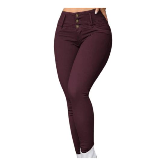 Women Pants High Waist Slim Fit Zipper Button Closure Solid Color Pockets Soft
